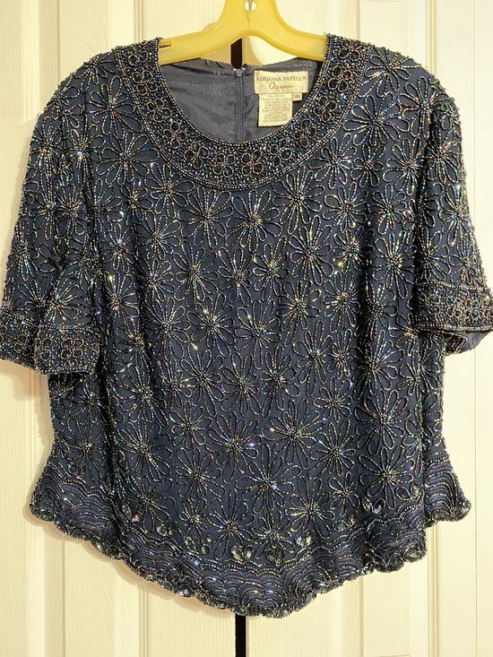 Adrianna Papell Tops - PRETTY Adrianna Papell Occasions navy blue Silk beaded shirt top blouse size 16W